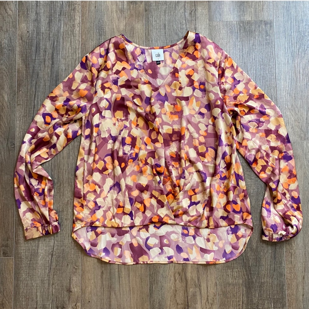 Cabi 4718 Twist Front Blouse Purple Orange Abstract Confetti Print Womens Small